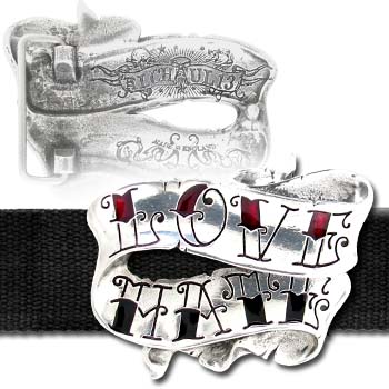 39Old School' Tattoo buckle with translucent red and black enamelled Love